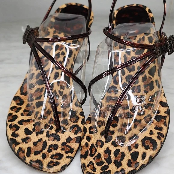 Stuart Weitzman Kitten Heel Sandals Strappy Thong Animal Print Brown Slingback 9 - Picture 2 of 15